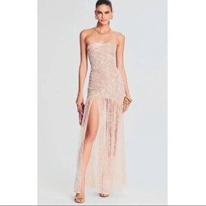 Retrofete Nicole Lace Dress Strapless in Dusty Peach  Semi Sheer Maxi Size Small